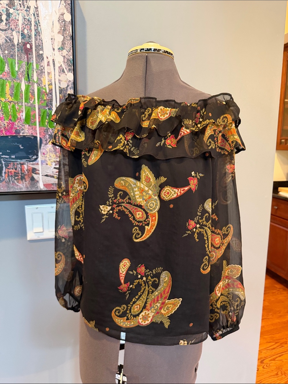 Women’s Black Paisley Off-Shoulder Ruffle Blouse